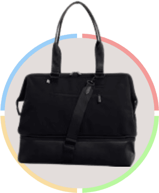 A black bag with a handle and two compartments.
