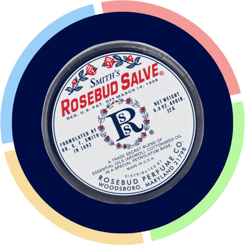 A round picture of a label for smith 's rosebud salve.