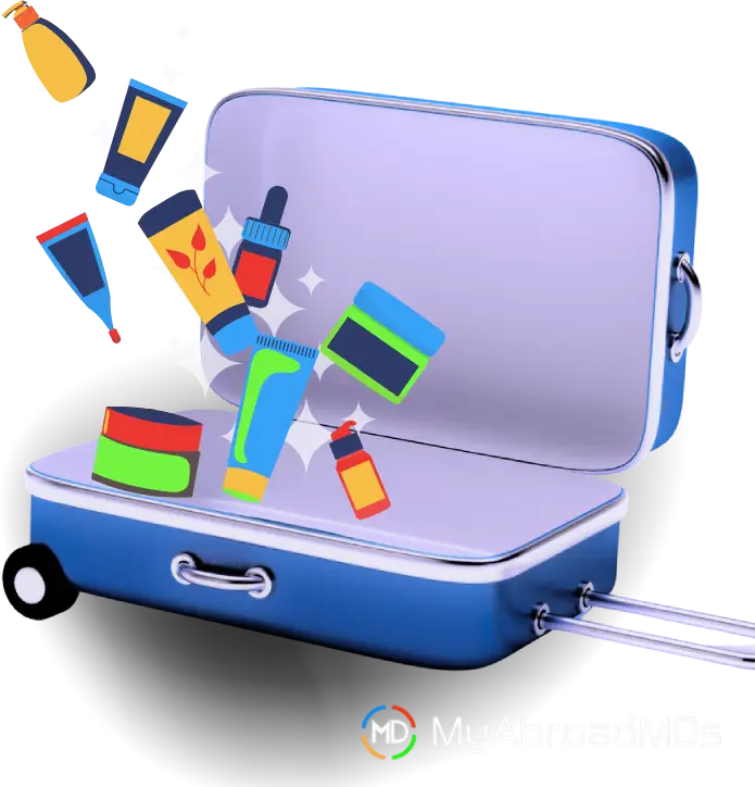 A blue suitcase with many items flying out of it.