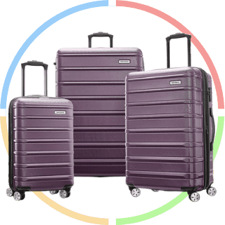 A set of three purple suitcases on wheels.