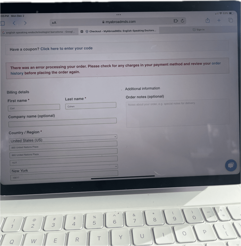 Order processing error; review payment.