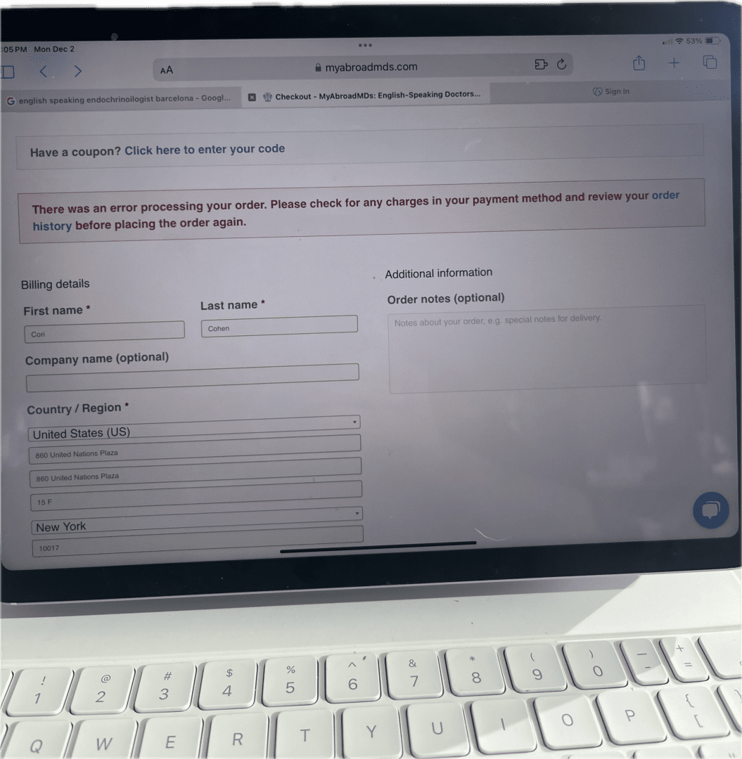 Order processing error; review payment.